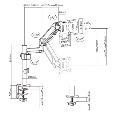 Arm for 1 monitor 17&rdquo;-32&rdquo; - Gembird MA-DA1P-01, Adjustable desk display mounting arm, Gas spring 2-9 kg, VESA 75/100, arm rotates, extends and retracts, tilts to change reading angles, and allows to rotate display from landscape-to-portrait mode