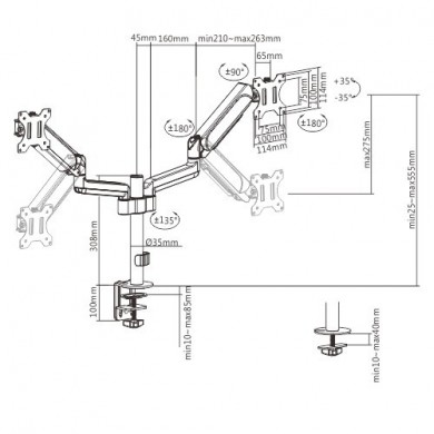 Arm for 2 monitors 17&rdquo;-32&rdquo; - Gembird MA-DA2P-01, Adjustable desk 2 displays mounting arm, Gas spring 2-9 kg, VESA 75/100, arm rotates, extends and retracts, tilts to change reading angles, and allows to rotate display from landscape-to-portrait mode