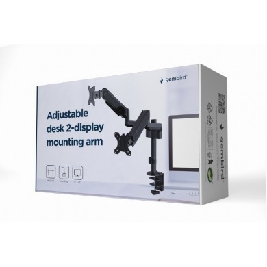 Arm for 2 monitors 17&rdquo;-32&rdquo; - Gembird MA-DA2P-01, Adjustable desk 2 displays mounting arm, Gas spring 2-9 kg, VESA 75/100, arm rotates, extends and retracts, tilts to change reading angles, and allows to rotate display from landscape-to-portrait mode