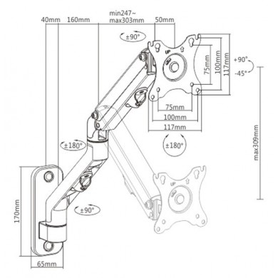 Monitor wall mount arm for 1 monitor up to 27&rdquo;  Gembird MA-WA1-02, Adjustable wall display mounting arm (rotate, tilt, swivel),  VESA 75/100, up to 9 kg, black