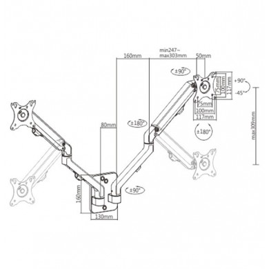 Monitor wall mount arm for 2 monitors up to 17-27&rdquo;  Gembird MA-WA2-01, Adjustable wall 2 display mounting arm (rotate, tilt, swivel),  VESA 75/100, up to 7 kg, black