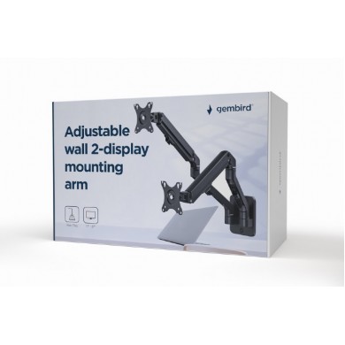 Monitor wall mount arm for 2 monitors up to 17-27&rdquo;  Gembird MA-WA2-01, Adjustable wall 2 display mounting arm (rotate, tilt, swivel),  VESA 75/100, up to 7 kg, black