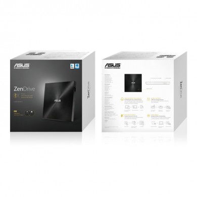 External DVDRW Drive ASUS ZenDrive U9M, Portable Ultra-Slim -13mm, Super-Multi DVDR+8x/-8x, RW+8x/-6x, DL+6x/-6x, M-DISC, Includes two cables for USB Type-C and Type-A, USB2.0 (USB-C/USB-A), Black, Retail