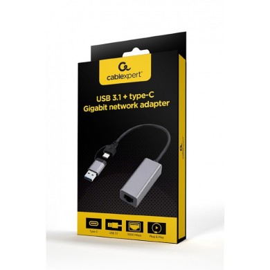 USB 3.1 + USB Type-C / Gigabit Ethernet Adapter  / Gembird A-USB3AC-LAN-01