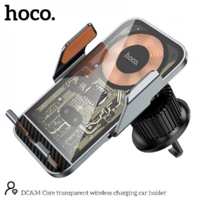 Suport auto HOCO DCA34, Core transparent wireless charging car holder, Output: up to 15W, USB-C, Material: Magnesium aluminum alloy + ABS/PC, Black