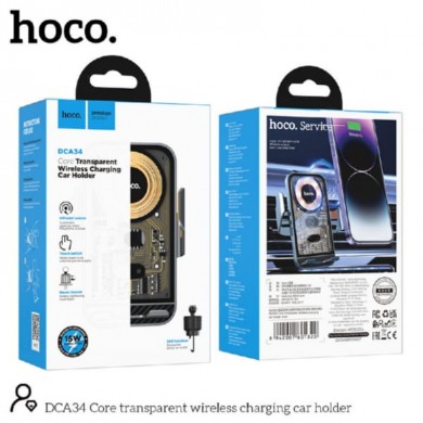 Suport auto HOCO DCA34, Core transparent wireless charging car holder, Output: up to 15W, USB-C, Material: Magnesium aluminum alloy + ABS/PC, Black
