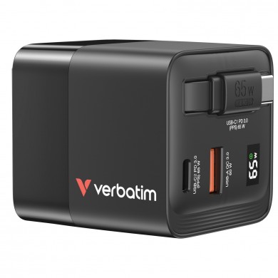Incarcator Verbatim Mini GaN / 65W / 2 porturi / retractable USB-C cable