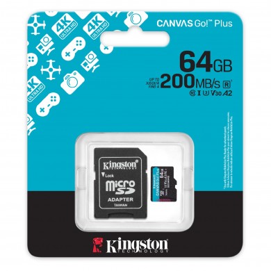 Card de memorie microSD 64GB Kingston Canvas Go Plus Gen 4, A2, up to 200MB/s, + SD adapter