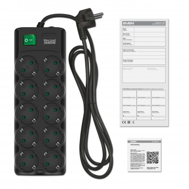 Surge Protector SVEN SF-10E-16/ 10 Sockets/ 3680W/ 3.0m/ Black